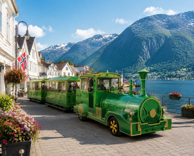 Green tourist train by fjord, mountains, houses, and flag in scenic area.
