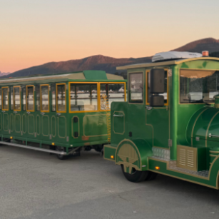 Green tourist train with two carriages at sunset by a waterfront.