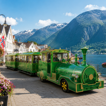 Green tourist train on a lakeside street with mountains and houses.